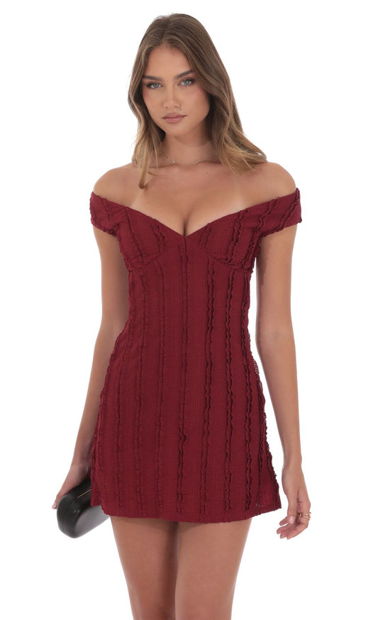 Lucy In The Sky Off Shoulder Lace Dress in Maroon