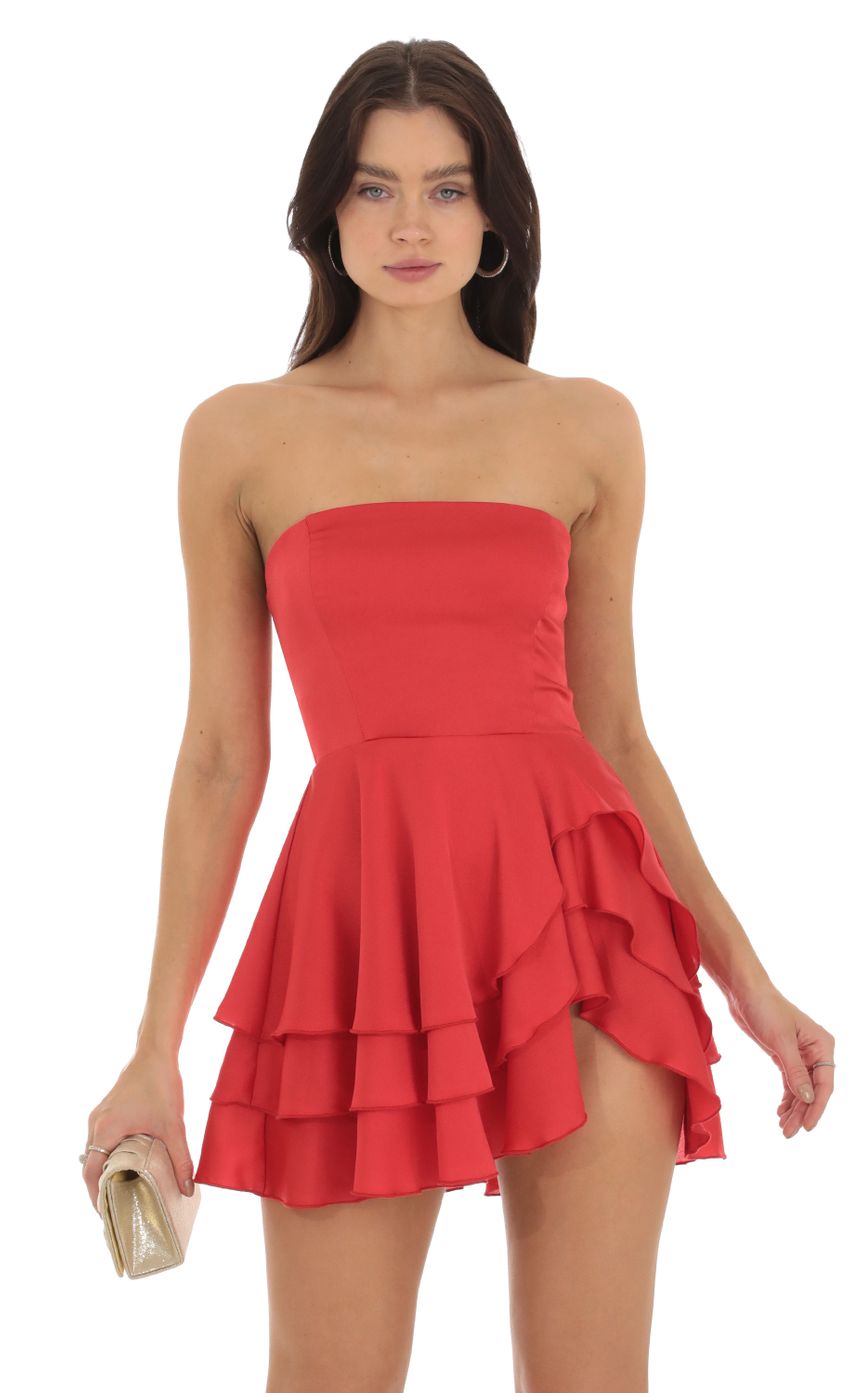 Lucy In The Sky Strapless Asymmetrical Dress in Red