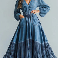 Ursime Denim V Neck Puff Sleeve Pocket Fringe Maxi Dress