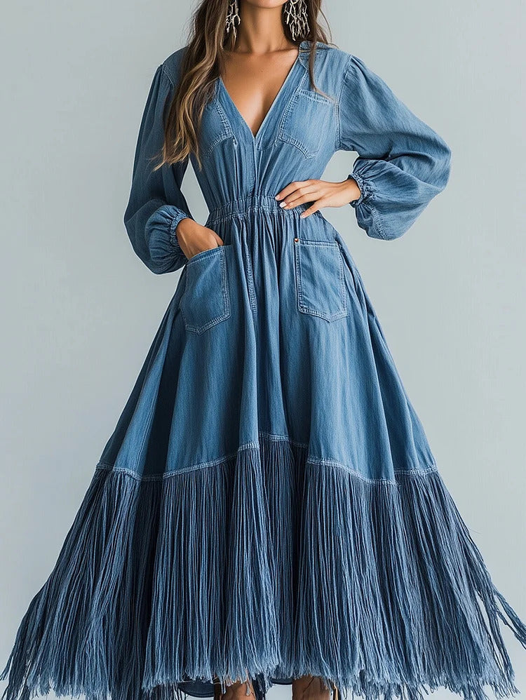 Ursime Denim V Neck Puff Sleeve Pocket Fringe Maxi Dress