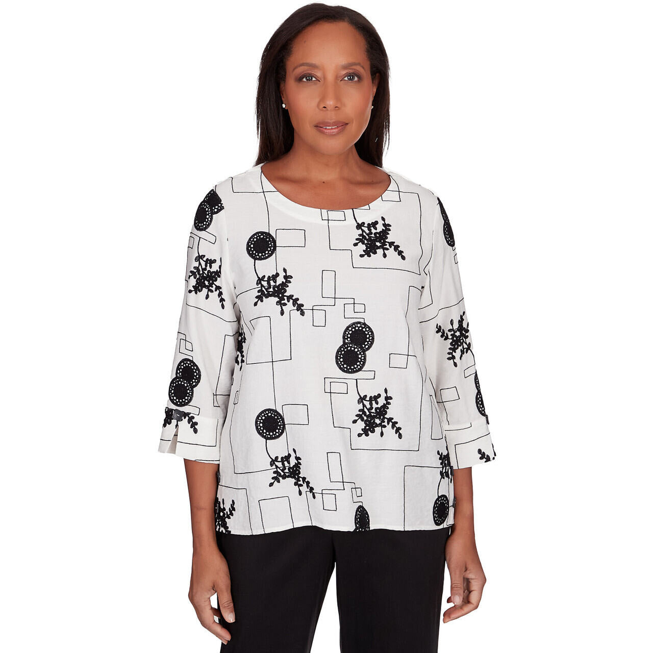 Alfred Dunner Women's Black & White Geometric Top