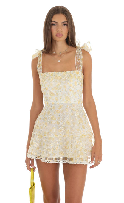 Lucy In The Sky Shimmer Yellow Floral Mini Dress in White