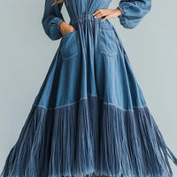 Ursime Denim V Neck Puff Sleeve Pocket Fringe Maxi Dress