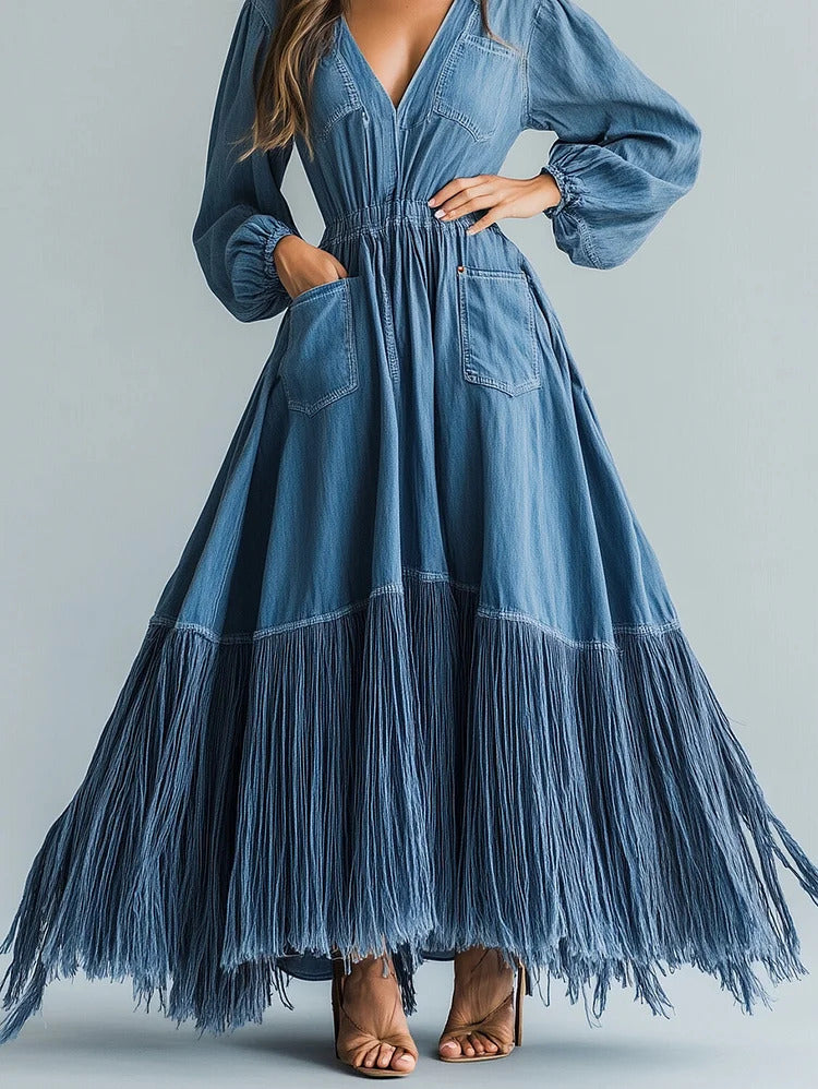 Ursime Denim V Neck Puff Sleeve Pocket Fringe Maxi Dress