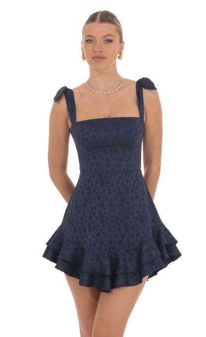 Lucy In The Sky Floral Jacquard Ruffle A-line Dress in Navy