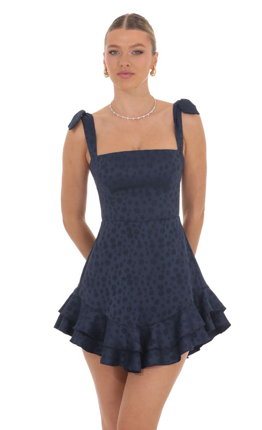 Lucy In The Sky Floral Jacquard Ruffle A-line Dress in Navy