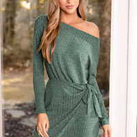 Cupshe Green Ribbed Boatneck Asymmetrical Hem Mini Sweater Dress