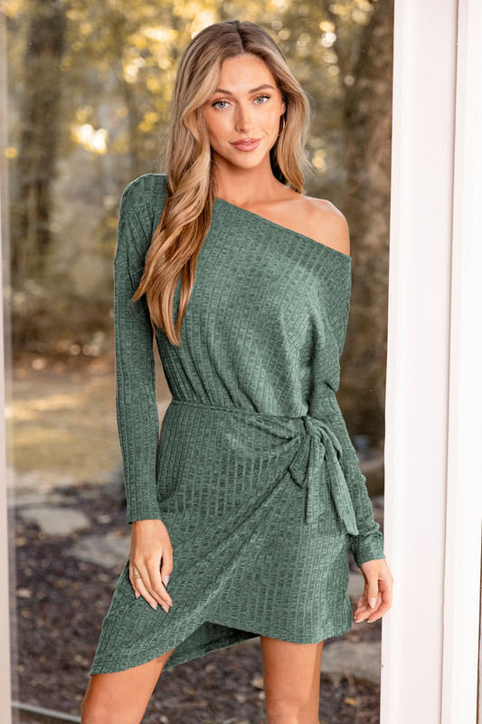 Cupshe Green Ribbed Boatneck Asymmetrical Hem Mini Sweater Dress