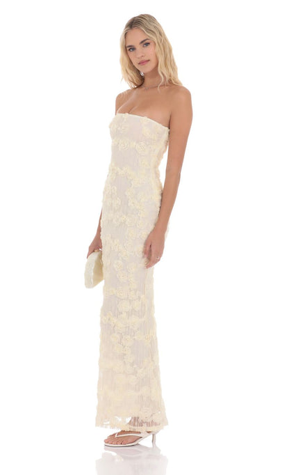 Lucy In The Sky Rosette Strapless Maxi Dress in Cream