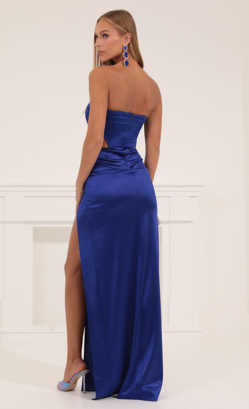 Lucy In The Sky Satin Cutout Corset Maxi in Blue