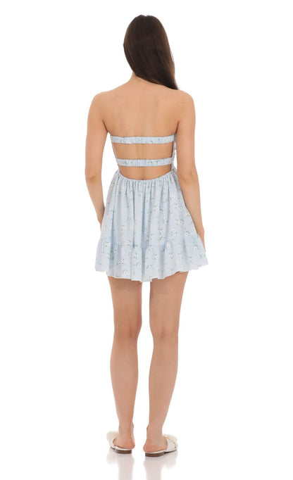 Lucy In The Sky Floral Cutout Strapless Babydoll Dress in Blue
