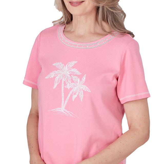 Alfred Dunner Women's Embroidered Palm Tree Short Sleeve Top