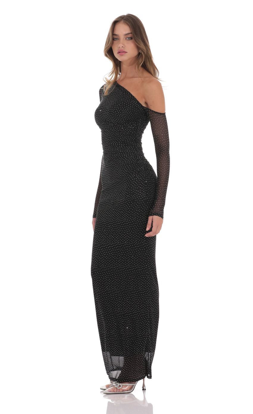 Lucy In The Sky Off Shoulder Rhinestone Maxi Dress in Black