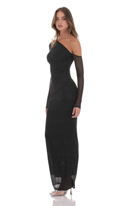 Lucy In The Sky Off Shoulder Rhinestone Maxi Dress in Black