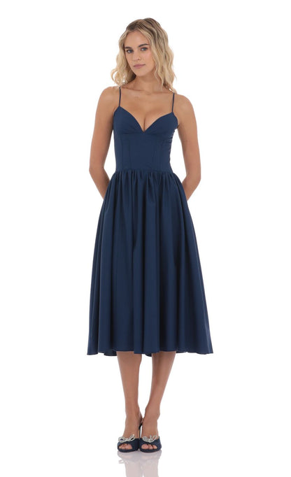Lucy In The Sky Corset V-Neck Midi Dress in Navy