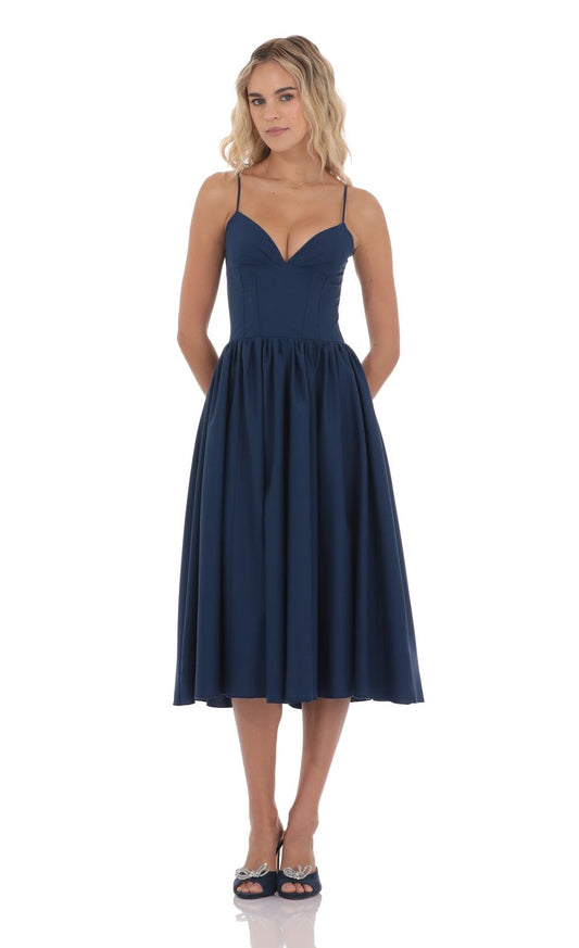 Lucy In The Sky Corset V-Neck Midi Dress in Navy