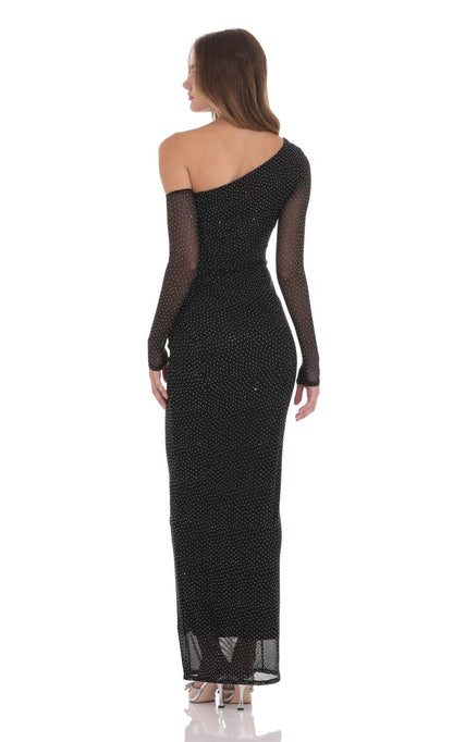 Lucy In The Sky Off Shoulder Rhinestone Maxi Dress in Black
