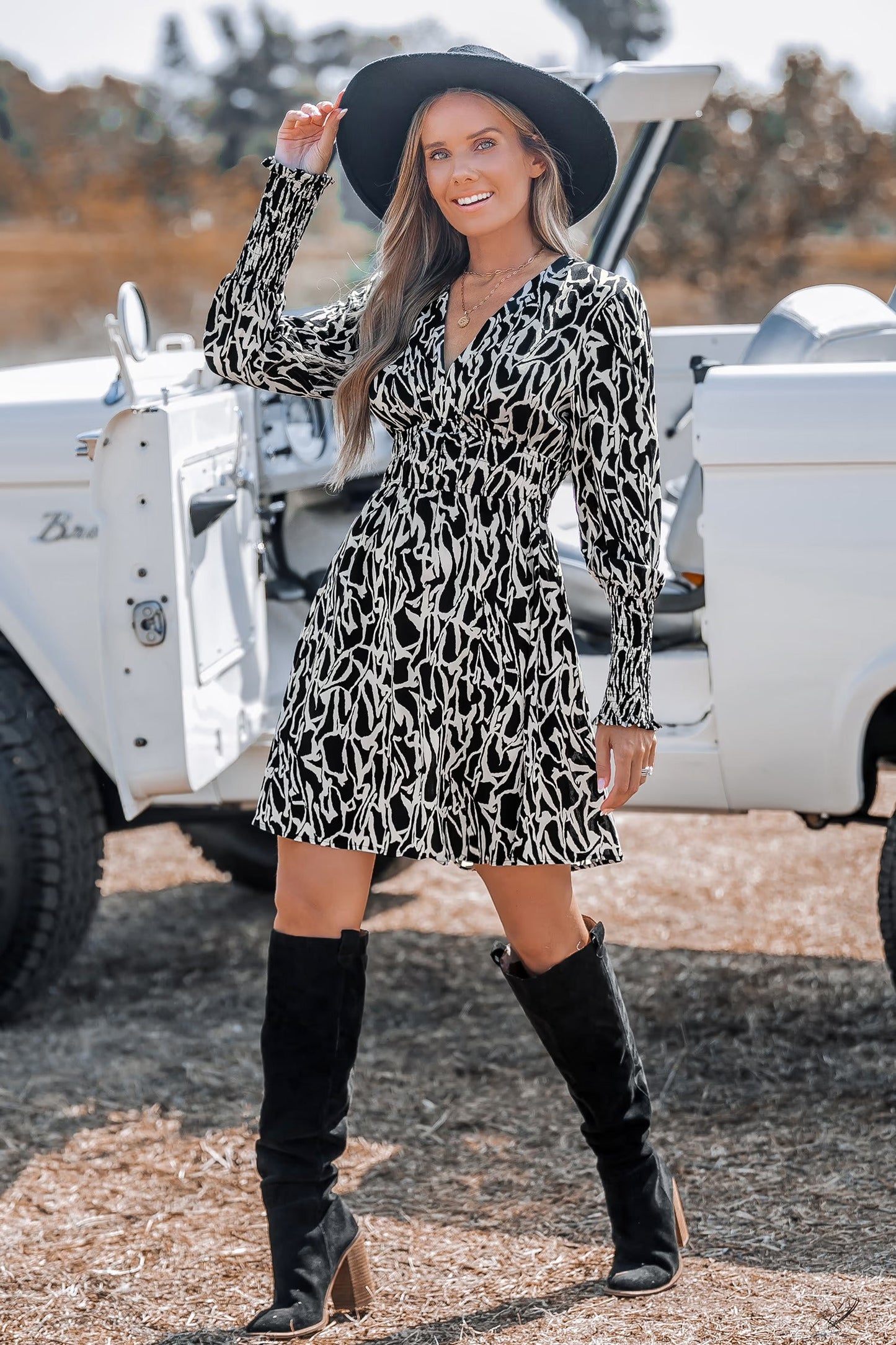 Cupshe Abstract V- Neck Smocked Waist Long Sleeve Mini Dress