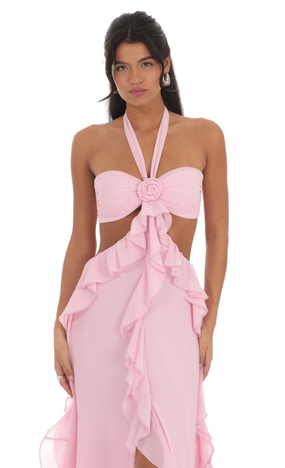 Lucy In The Sky Chiffon Cutout Ruffle Maxi Dress in Pink