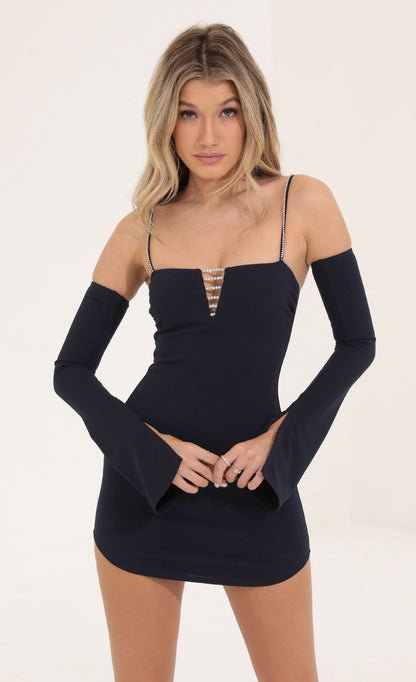 Lucy In The Sky Crepe Rhinestone Dress in Navy