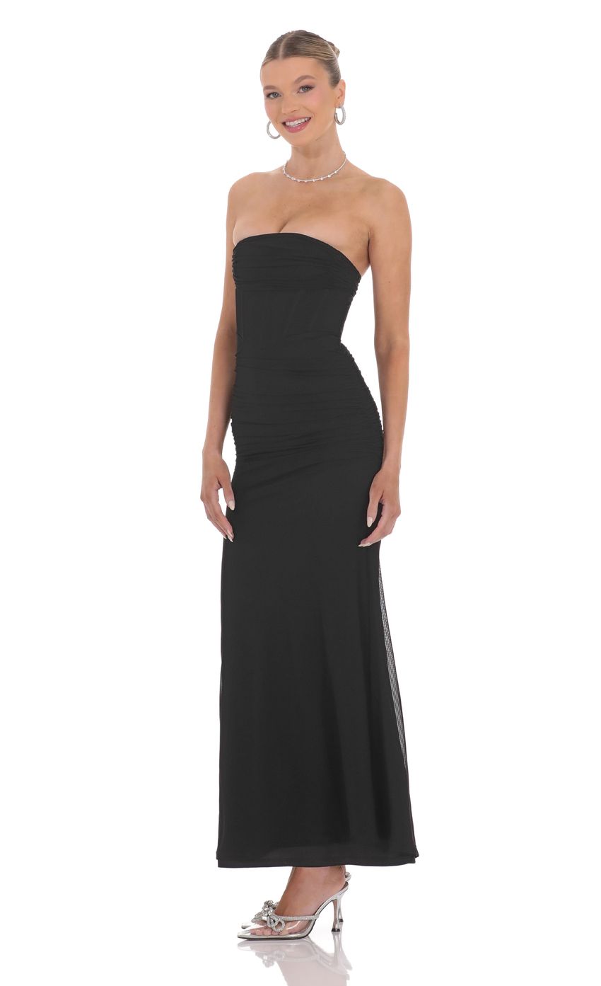 Lucy In The Sky Mesh Strapless Corset Maxi Dress in Black