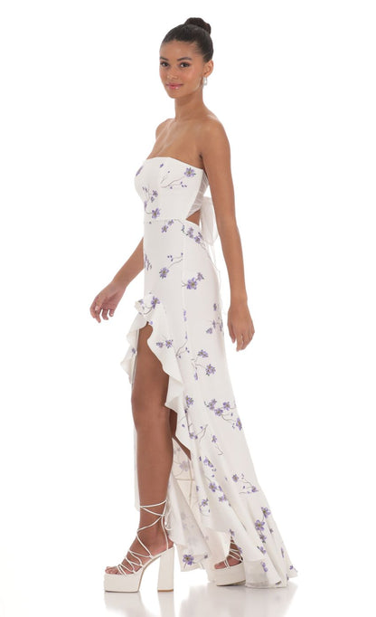 Lucy In The Sky Floral Strapless Back Bow Corset Maxi Dress in White