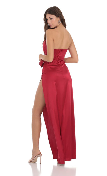 Lucy in the Sky Flower Satin Draped Strapless Maxi Dress in Red