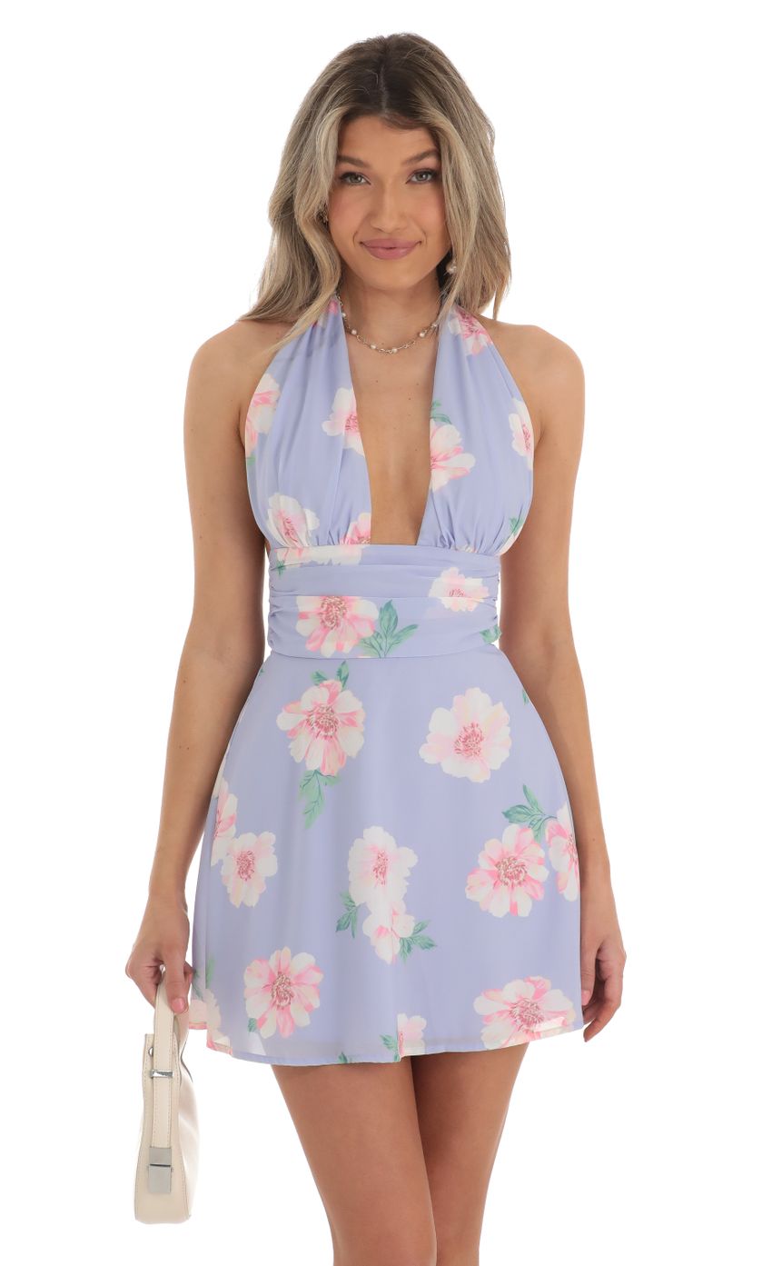 Lucy In The Sky Floral Halter Dress in Lavender