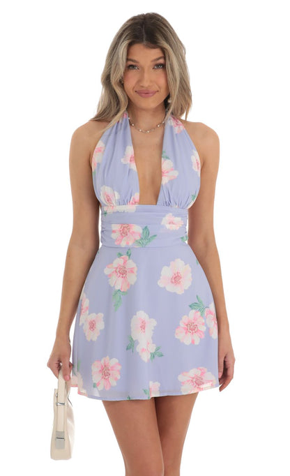 Lucy In The Sky Floral Halter Dress in Lavender