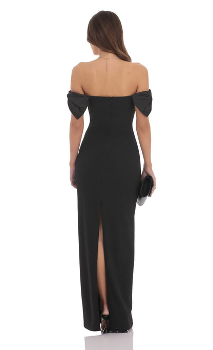 Lucy In The Sky Off Shoulder Bow Sleeve Maxi Dress in Black