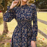 Cupshe Blue Floral Standing Collar Long Sleeve Ruffle Cuff Mini Dress