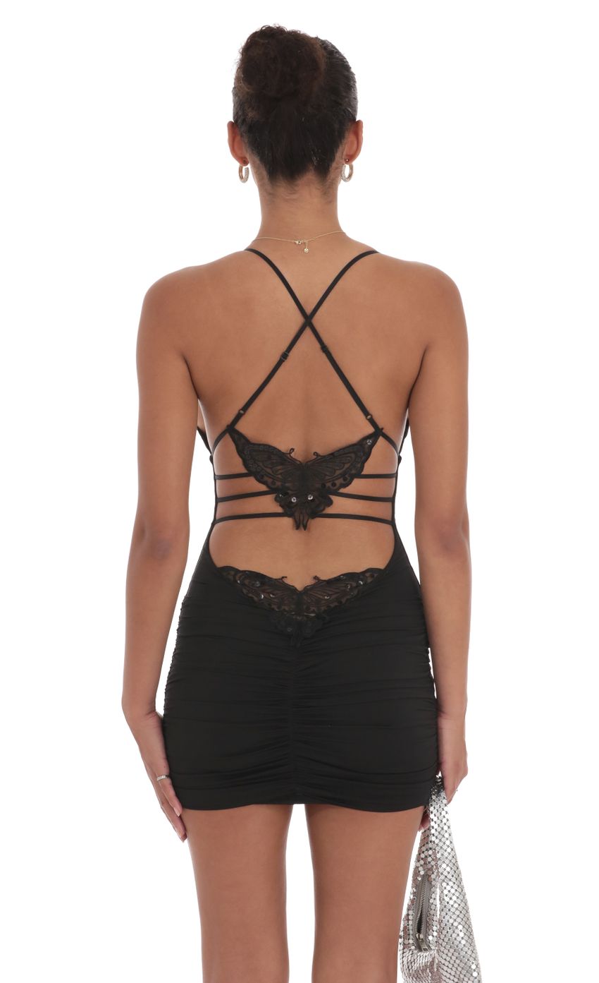 Lucy In The Sky Strappy Butterfly Bodycon Dress in Black