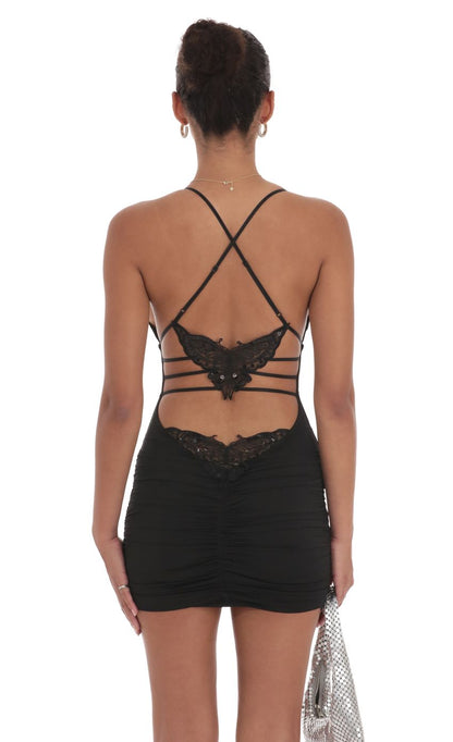 Lucy In The Sky Strappy Butterfly Bodycon Dress in Black