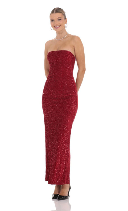 Lucy in the Sky Velvet Sequin Strapless Maxi Dress in Red