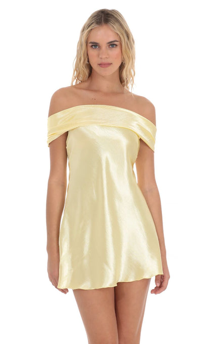 Lucy In The Sky Satin Off Shoulder Dress in Yellow