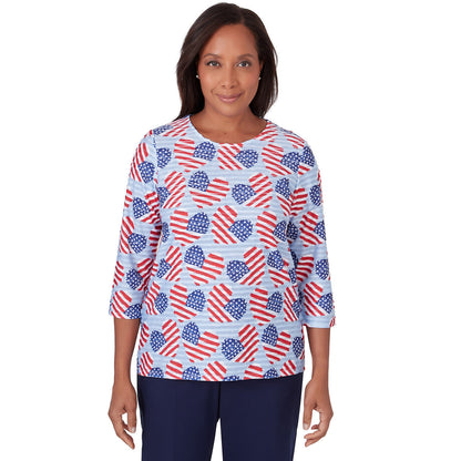 Alfred Dunner Women's Flag Hearts Three Quarter Sleeve Shirt