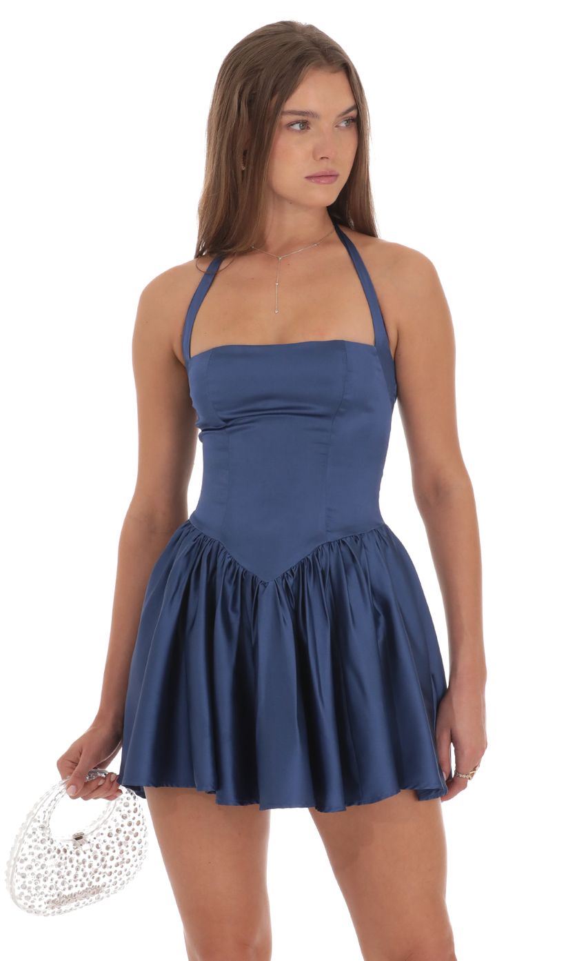 Lucy In The Sky Satin Halter A-line Dress in Slate Blue