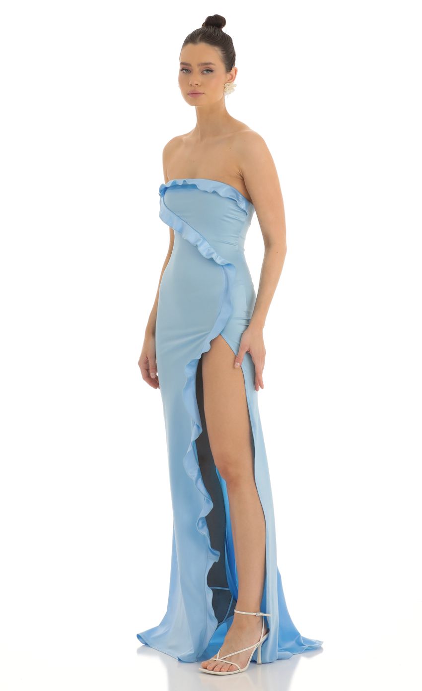 Lucy In The Sky Strapless Satin Maxi Dress in Blue