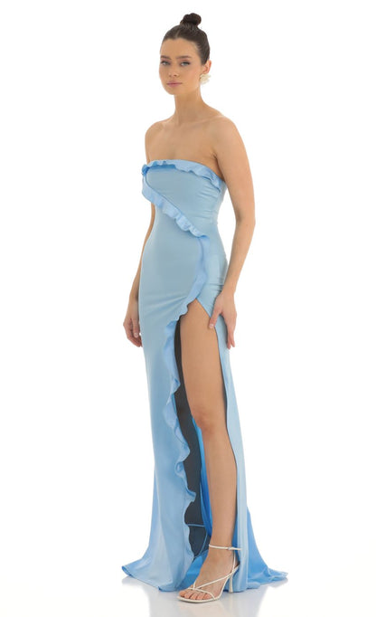 Lucy In The Sky Strapless Satin Maxi Dress in Blue