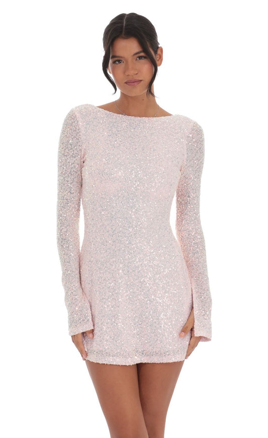 Lucy In The Sky Sequin Long Sleeve Open Back Dress in Pink