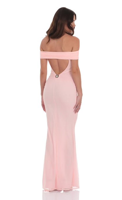 Lucy In The Sky Mesh Shell Off Shoulder Maxi Dress in Pink