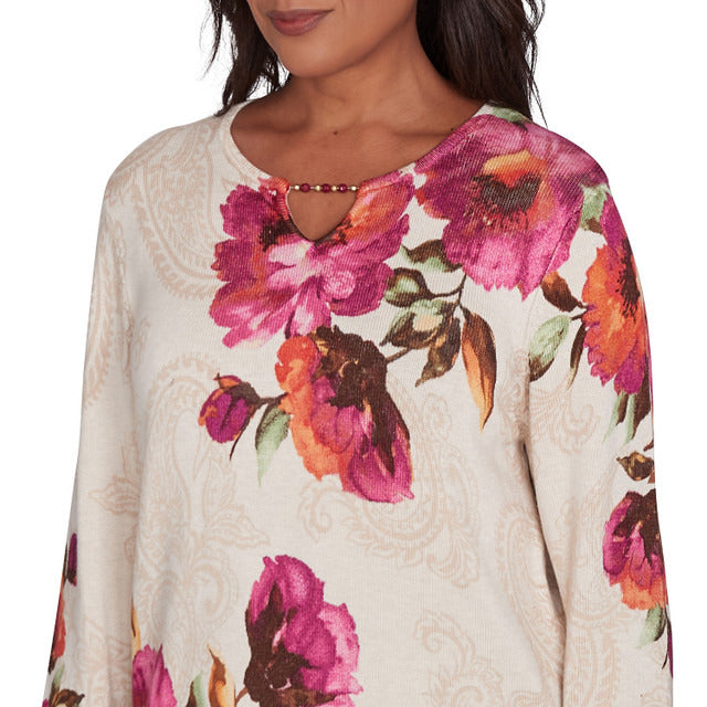 Alfred Dunner Women's Watercolor Floral Beaded Split Neck Sweater