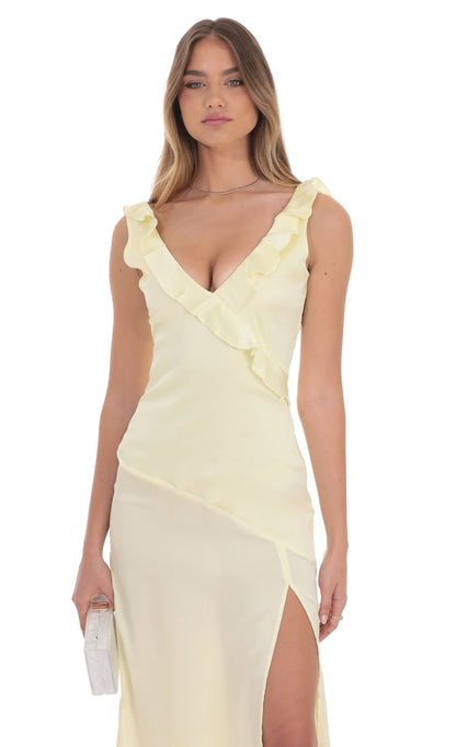 Lucy In The Sky Satin V-Neck Open Back Maxi Dress in Pastel Yellow