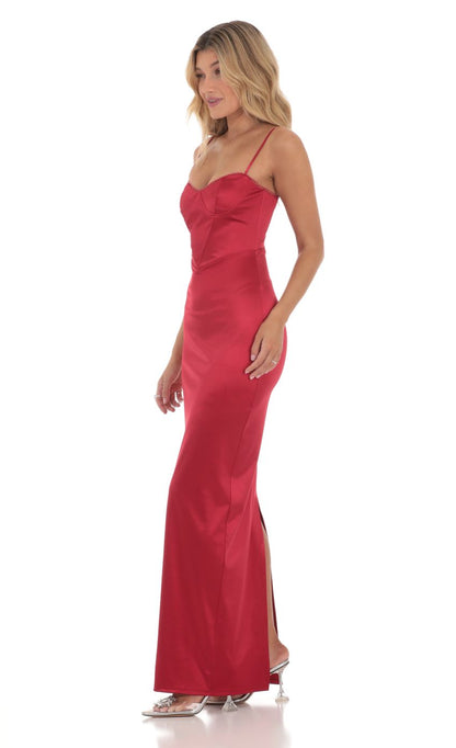 Lucy in the Sky Satin Bodycon Maxi Dress in Red
