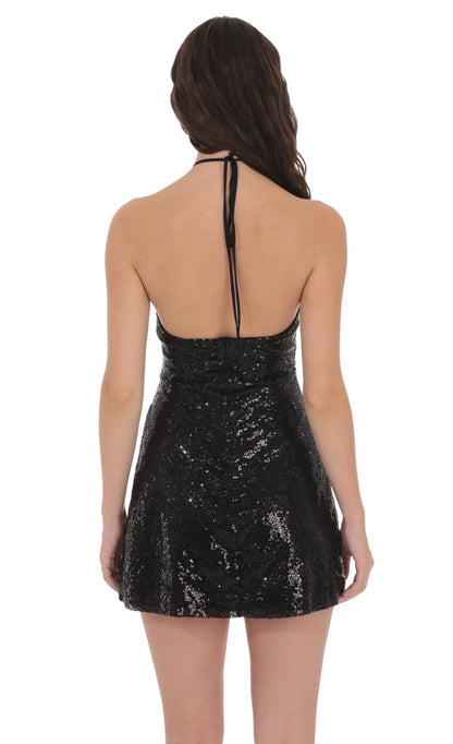 Lucy In The Sky Sequin Florette Halter Dress in Black