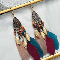 Ursime Retro Feather Decor Beaded Dangle Earrings