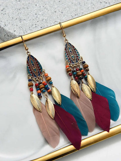 Ursime Retro Feather Decor Beaded Dangle Earrings