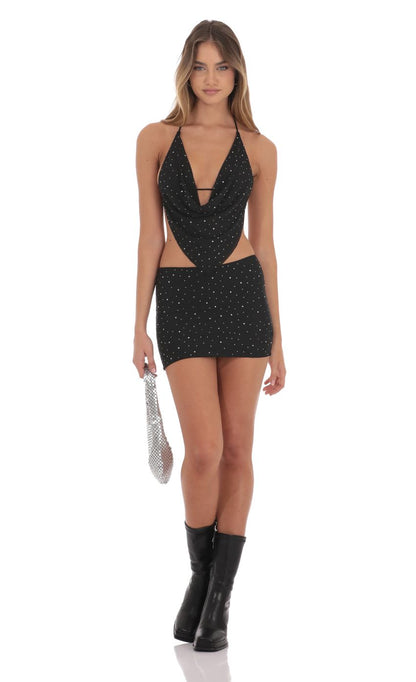 Lucy In The Sky Rhinestone Draped Two Piece Set in Black