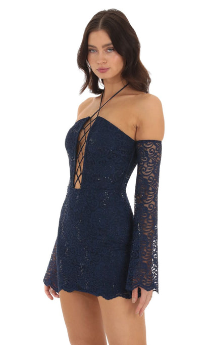 Lucy In The Sky Lace Sequin Off Shoulder Dress in Navy