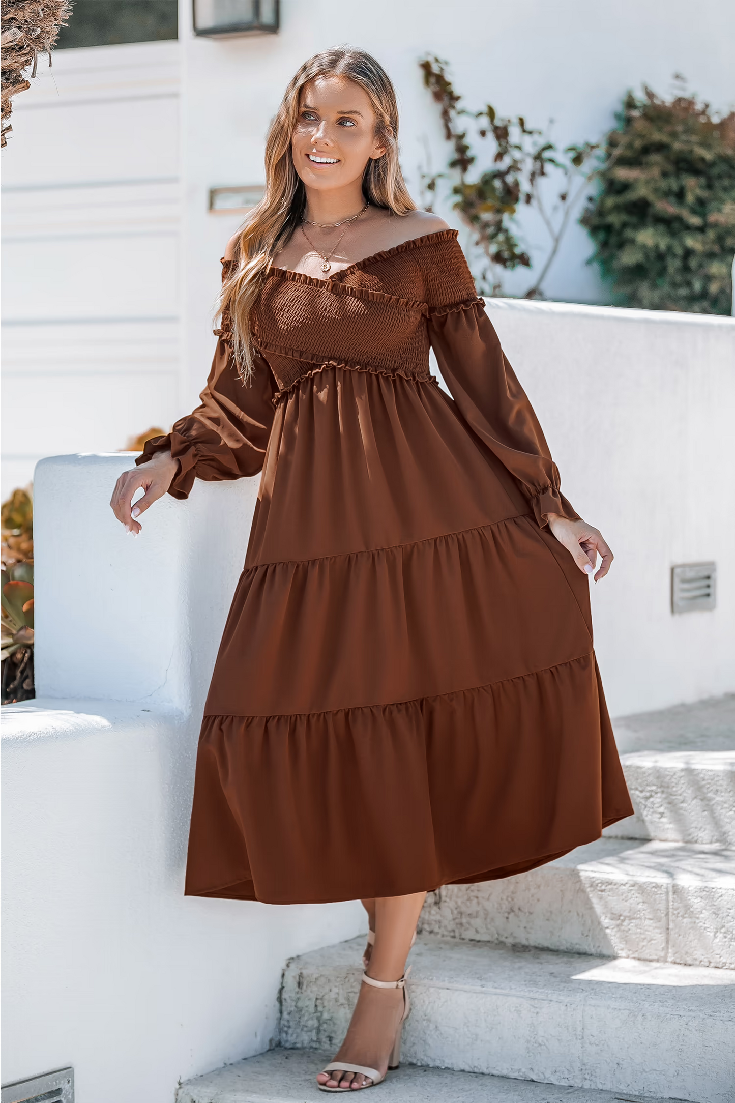 Cupshe Brown Off-Shoulder Smocked Bodice Poet Sleeve Midi Dress